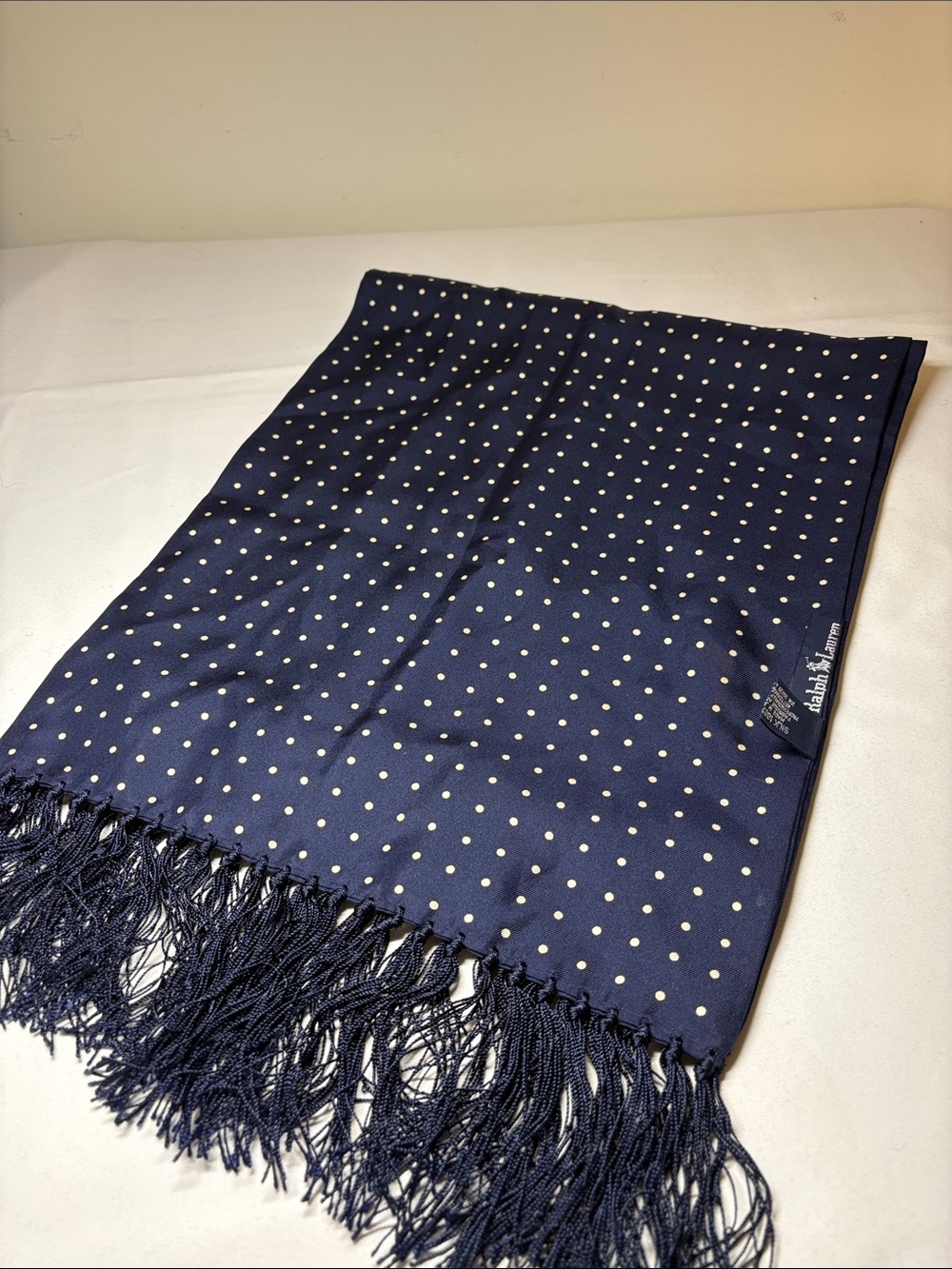 Ralph Lauren Navy w/Cream Dots Silk Evening Scarf 11.5”x52”